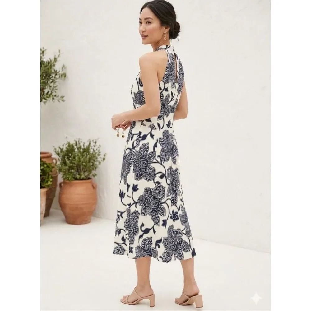 NWT Womens Ann Taylor Cream Paisley Sleeveles V Neck Silk Midi Dress - 16